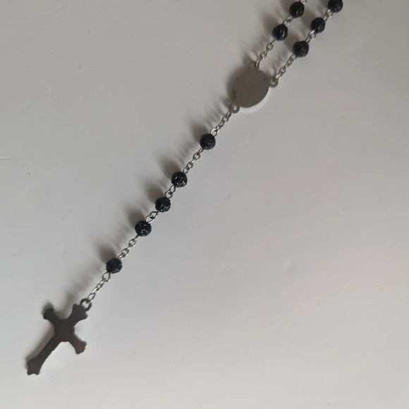 2pc Black Beaded  Rosary Necklace & Black Onyx Style Gemstone Ring - Picture 2 of 7